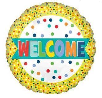Round yellow mylar balloon with colorful polka dots and a turquoise banner reading "WELCOME" in rainbow letters surrounded by multicolored dots.