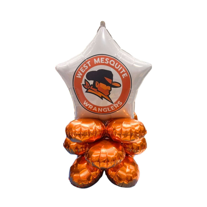 Silver star-shaped foil balloon with West Mesquite Wranglers logo centered, topped with five orange round foil balloons clustered below.