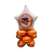 Silver star-shaped foil balloon with West Mesquite Wranglers logo centered, topped with five orange round foil balloons clustered below.