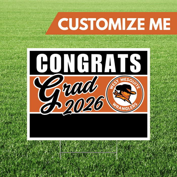 Graduation-themed customizable sign with 'Congrats Grad 2026' text on a grass background