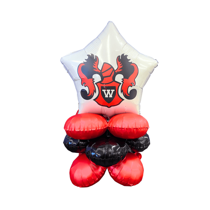 Red, white, and black air-filled balloon quad featuring a heraldic crest with a W initial and decorative scrollwork design.