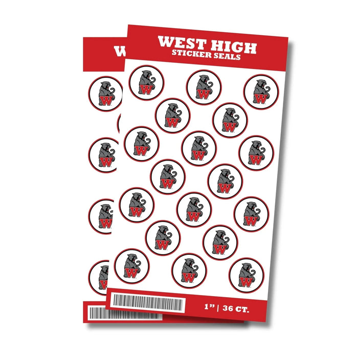 Sheet of 36 red and white circular sticker seals featuring a gray bear mascot and red "W" logo for West High, 1 inch size.