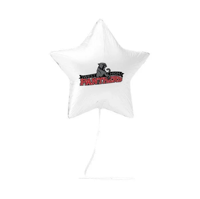 White star-shaped mylar balloon featuring the West High School Panthers logo in red and black text with a panther mascot graphic.