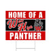 Red and black yard sign with white text reading "HOME OF A West High PANTHER" and a gray panther logo with a red W, designed for school spirit display.
