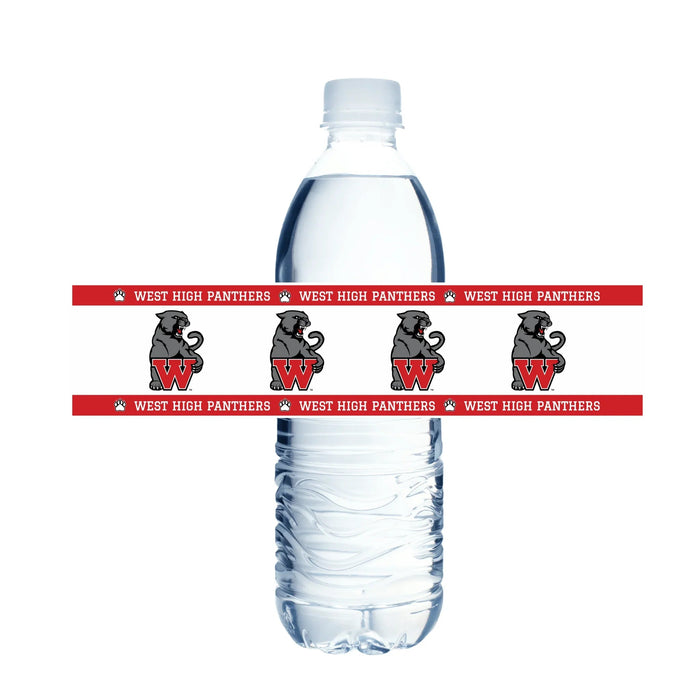Plastic water bottle wrapped with red and white West High Panthers school spirit bands featuring panther mascot logos repeated across the label.