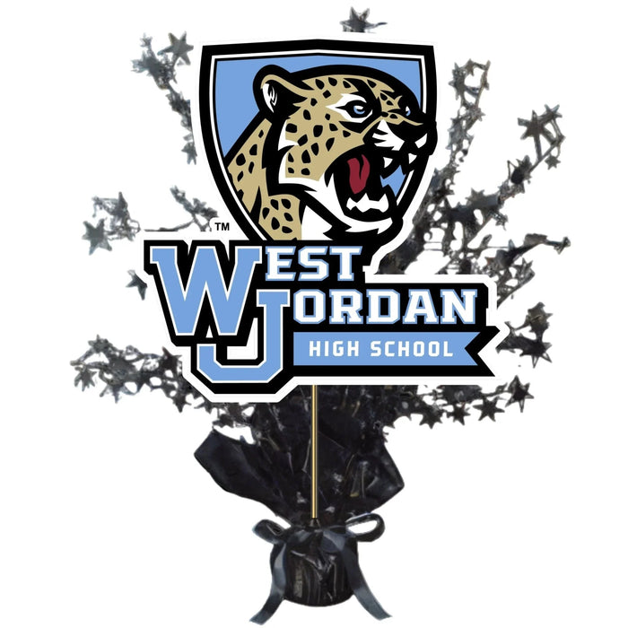West Jordan High School centerpiece spray featuring a tan and black leopard mascot head logo on a blue shield, surrounded by black star sprays emerging from a black wrapped base.