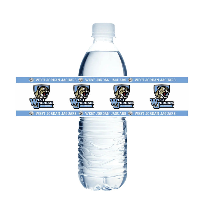 Clear plastic water bottle wrapped with blue and white West Jordan Jaguars High School labels featuring jaguar mascot logos repeated around the middle section.