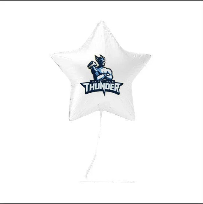 White star-shaped mylar balloon with blue Thunder logo and mascot design, featuring a string attachment.