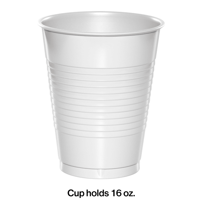 White disposable plastic cup with horizontal ribbed texture holds 16 oz capacity.