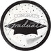 Round white paper plate with black rim featuring "CONGRATS Graduate" text, a black graduation cap, tassel, and confetti design.