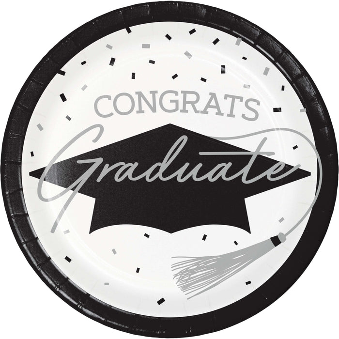 Round white paper plate with black rim featuring a black graduation cap and "Congrats Graduate" text with decorative confetti pattern.