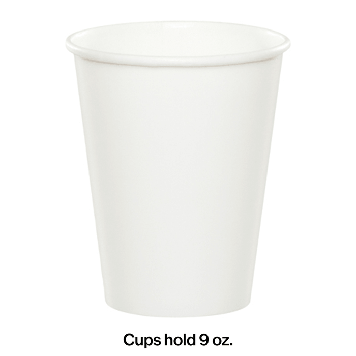 White paper cup with rolled rim, holding 9 ounces, shown against a white background.