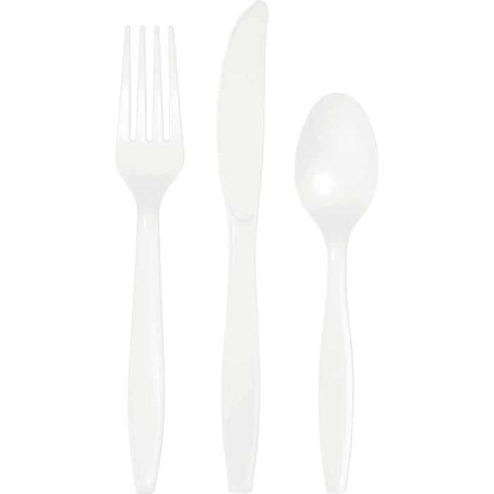 Three white plastic utensils arranged vertically: a fork on the left, knife in the center, and spoon on the right.