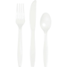 Three white plastic utensils arranged vertically: a fork on the left, knife in the center, and spoon on the right.