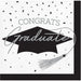 White beverage napkin featuring a black graduation cap with tassel and gray "Congrats Graduate" text surrounded by confetti design elements.