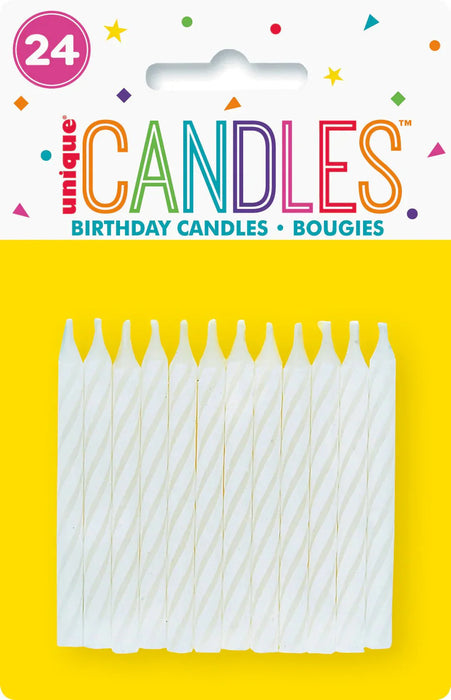 Pack of 24 white spiral twisted birthday candles displayed on bright yellow packaging with colorful "Unique Candles" branding and decorative shapes at the top.