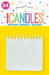 Pack of 24 white spiral twisted birthday candles displayed on bright yellow packaging with colorful "Unique Candles" branding and decorative shapes at the top.