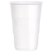 Clear plastic disposable cup with ridged grip bands and a tapered cylindrical shape.