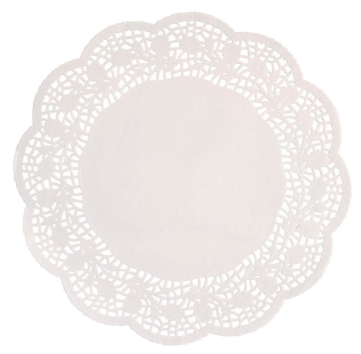 White round paper doily with delicate lace cutout border and solid center circle, 12 inches diameter.