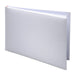 Light lavender hardcover guest book with blank pages, displayed open at an angle in its clear plastic packaging box.
