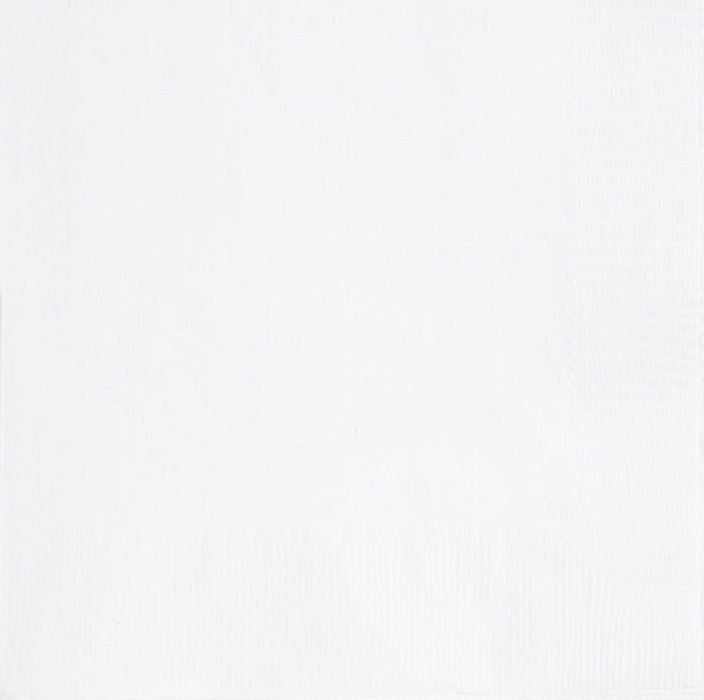 Pack of 100 white lunch napkins with simple, clean design on light background.