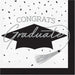 White paper napkins with black graduation cap design, gray "Congrats Graduate" text, confetti, and tassel illustration, pack of 36.