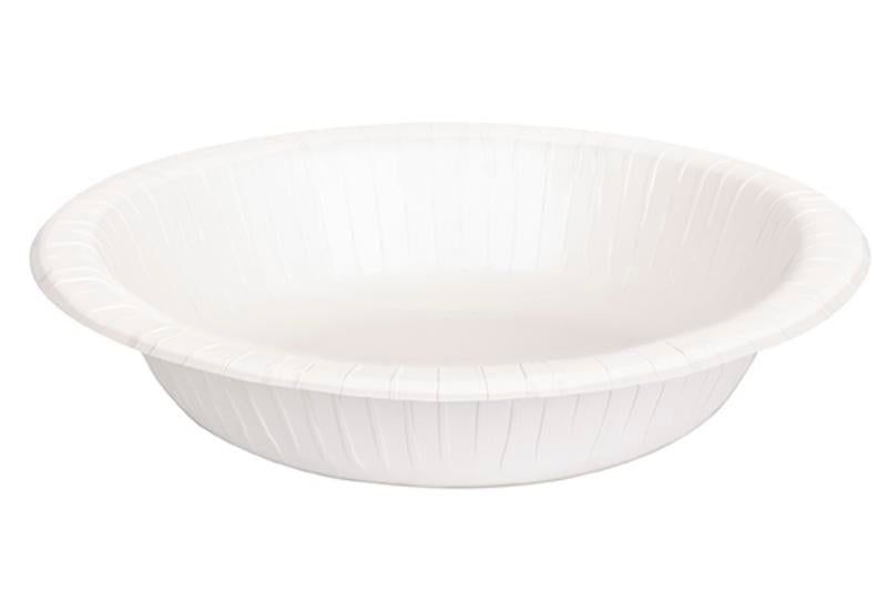 White disposable paper bowl with ribbed sides and a wide shallow shape, shown against a white background.
