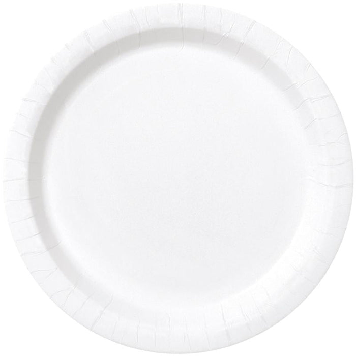 White disposable paper dinner plate with embossed pleated rim design, shown from above on a plain background.