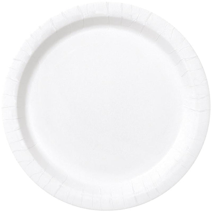 White disposable paper dinner plate with embossed scalloped edge trim, shown from above against a white background.