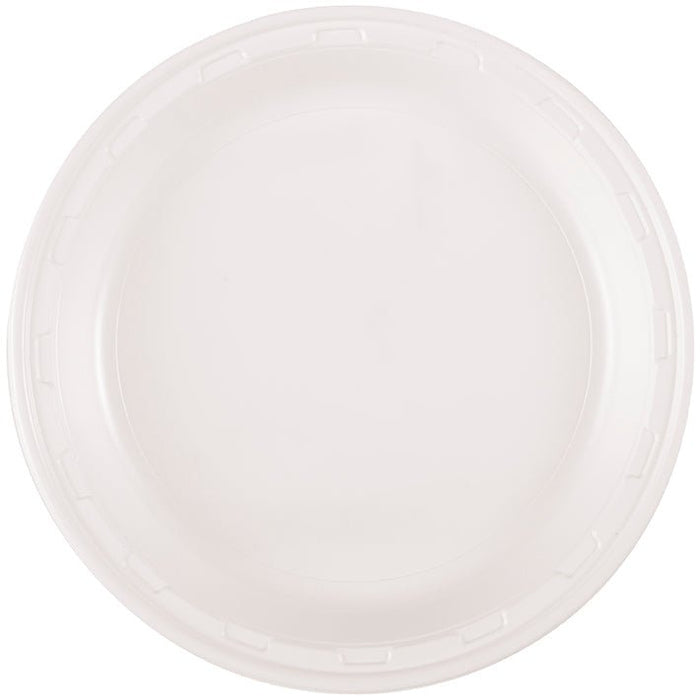 Clear plastic disposable plate with a ridged rim, shown from above against a white background.