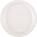 Clear plastic disposable plate with a ridged rim, shown from above against a white background.