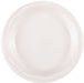 Clear plastic disposable plate with a ribbed rim and shallow bowl, shown from above on a white background.