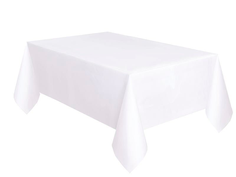 White rectangular plastic tablecover with flannel backing draped over a table, showing the smooth top surface and gathered corners.
