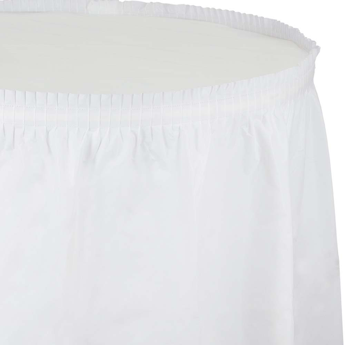 White pleated plastic table skirt with elastic band gathered along the top edge.