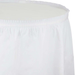 White pleated plastic table skirt with elastic band gathered along the top edge.