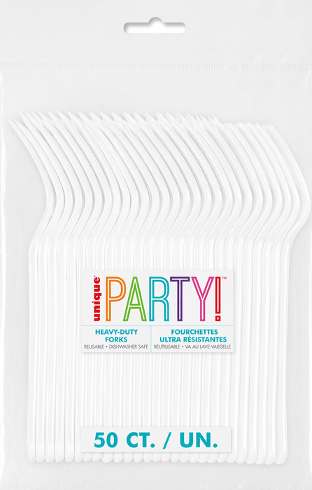 Package of 50 white heavy-duty reusable forks with colorful "unique PARTY!" branding displayed on the front label.