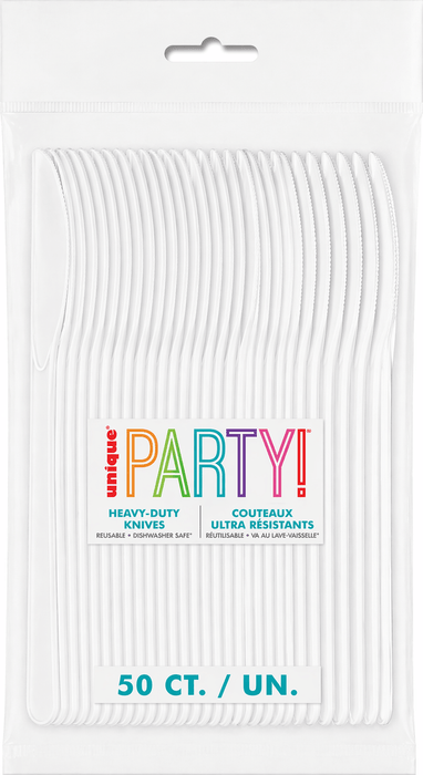Package of 50 white heavy-duty reusable knives with colorful "PARTY!" text and bilingual labeling on the front.