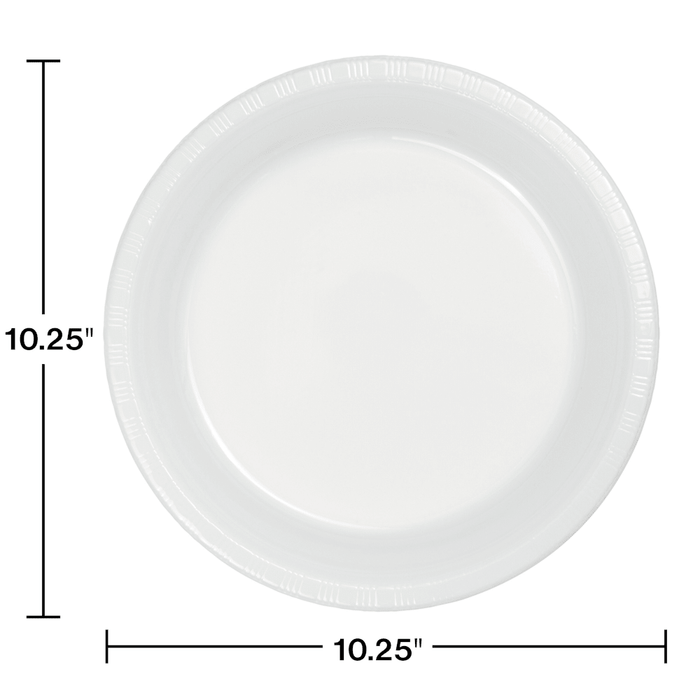 White plastic dinner plate with ridged rim and concave center, measuring 10.25 inches in diameter.