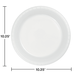 White plastic dinner plate with ridged rim and concave center, measuring 10.25 inches in diameter.