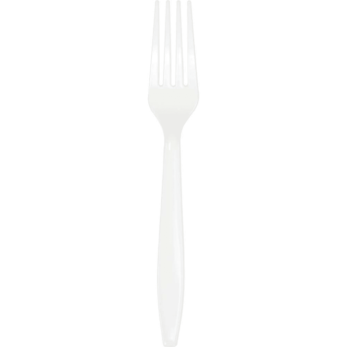 White plastic fork with four tines and a tapered handle, shown against a white background.