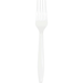 White plastic fork with four tines and a tapered handle, shown against a white background.