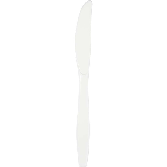 White plastic knife with a rounded blade and tapered handle, shown as a single utensil against a white background.