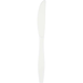White plastic knife with a rounded blade and tapered handle, shown as a single utensil against a white background.