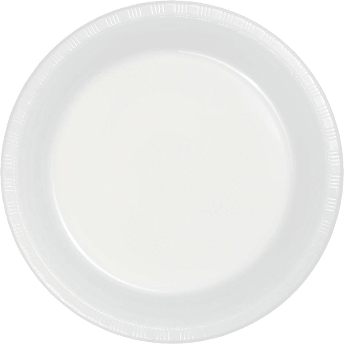 White disposable plastic dinner plate with ridged rim and shallow well, shown from above on white background.