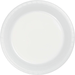 White disposable plastic dinner plate with ridged rim and shallow well, shown from above on white background.