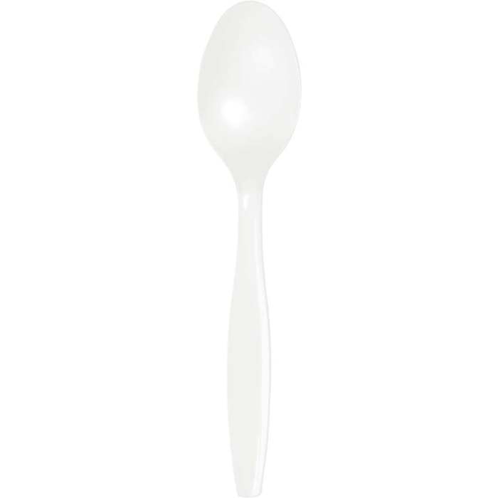 White plastic spoon with an oval bowl and tapered handle displayed against a white background.