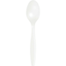 White plastic spoon with an oval bowl and tapered handle displayed against a white background.
