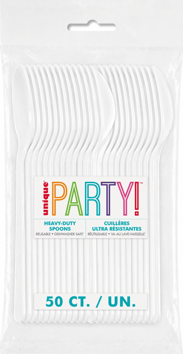 Package of 50 white heavy-duty reusable spoons with colorful "PARTY" branding displayed on clear plastic packaging.