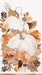 Two stacked white pumpkins surrounded by autumn foliage in orange, brown, and tan tones with copper foil accents on a white napkin.