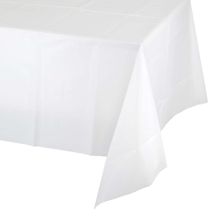 White rectangular tablecloth measuring 54 by 108 inches, displayed draped over a surface to show its lightweight plastic material and full coverage.